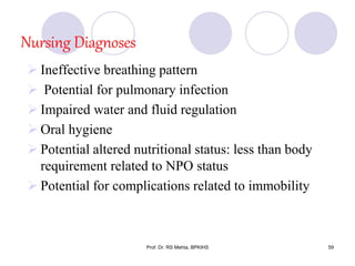 Nursing Diagnoses
 Ineffective breathing pattern
 Potential for pulmonary infection
 Impaired water and fluid regulation
 Oral hygiene
 Potential altered nutritional status: less than body
requirement related to NPO status
 Potential for complications related to immobility
59Prof. Dr. RS Mehta, BPKIHS
 