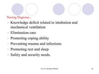 Nursing Diagnoses…
 Knowledge deficit related to intubation and
mechanical ventilation
 Elimination care
 Promoting coping ability
 Preventing trauma and infections
 Promoting rest and sleep
 Safety and security needs.
60Prof. Dr. RS Mehta, BPKIHS
 