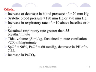 Criteria…
 Increase or decrease in blood pressure of > 20 mm Hg
 Systolic blood pressure >180 mm Hg or <90 mm Hg
 Increase in respiratory rate of > 10 above baseline or >
30
 Sustained respiratory rate greater than 35
breaths/minute
 Tidal volume ≤5 ml/kg, Sustained minute ventilation
<200 ml/kg/minute
 SpO2 < 90%, PaO2 < 60 mmHg, decrease in PH of <
7.35.
 Increase in PaCO2.
68Prof. Dr. RS Mehta, BPKIHS
 