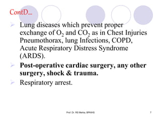 ContD…
 Lung diseases which prevent proper
exchange of O2 and CO2 as in Chest Injuries
Pneumothorax, lung Infections, COPD,
Acute Respiratory Distress Syndrome
(ARDS).
 Post-operative cardiac surgery, any other
surgery, shock & trauma.
 Respiratory arrest.
7Prof. Dr. RS Mehta, BPKIHS
 