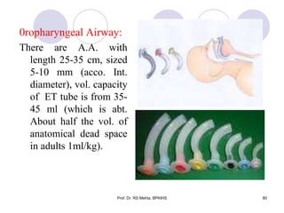 0ropharyngeal Airway:
There are A.A. with
length 25-35 cm, sized
5-10 mm (acco. Int.
diameter), vol. capacity
of ET tube is from 35-
45 ml (which is abt.
About half the vol. of
anatomical dead space
in adults 1ml/kg).
80Prof. Dr. RS Mehta, BPKIHS
 