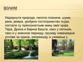 ВОЛИМ
Недирнута природа, лепота планине, шуме,
реке, језера, урођено гостопримство људи,
постали су препознатљив имиџ овог краја.
Тара, Дрина и Бајина Башта, како у летњем,
тако и у зимском периоду, пружају изванредне
услове за одмор, рекреацију и уживање у
природи.
 
