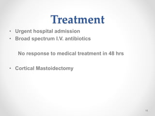 Treatment
• Urgent hospital admission
• Broad spectrum I.V. antibiotics
No response to medical treatment in 48 hrs
• Cortical Mastoidectomy
11
 