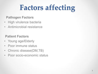 Factors affecting
Pathogen Factors
• High virulence bacteria
• Antimicrobial resistance
Patient Factors
• Young age/Elderly
• Poor immune status
• Chronic disease(DM,TB)
• Poor socio-economic status
3
 