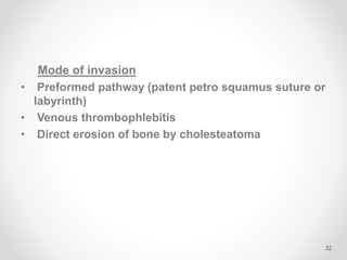Mode of invasion
• Preformed pathway (patent petro squamus suture or
labyrinth)
• Venous thrombophlebitis
• Direct erosion of bone by cholesteatoma
32
 