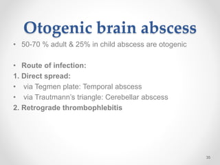 Otogenic brain abscess
• 50-70 % adult & 25% in child abscess are otogenic
• Route of infection:
1. Direct spread:
• via Tegmen plate: Temporal abscess
• via Trautmann’s triangle: Cerebellar abscess
2. Retrograde thrombophlebitis
35
 
