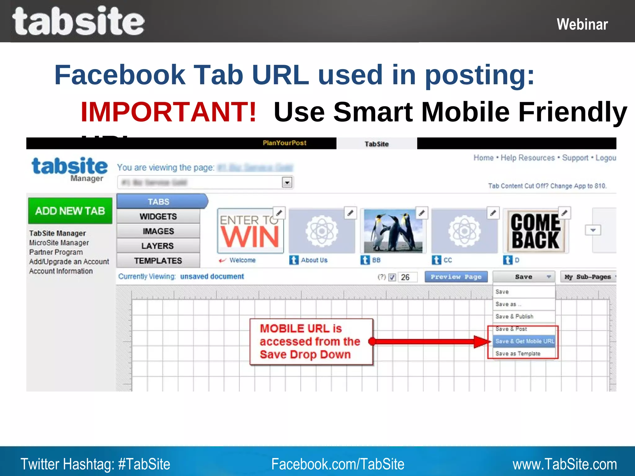Webinar: July 27, 2011
                                                              Webinar
                                                                Webinar

     Facebook Tab URL used in posting:
       IMPORTANT! Use Smart Mobile Friendly
       URL




Twitter Hashtag: #TabSite   Facebook.com/TabSite       www.TabSite.com
 