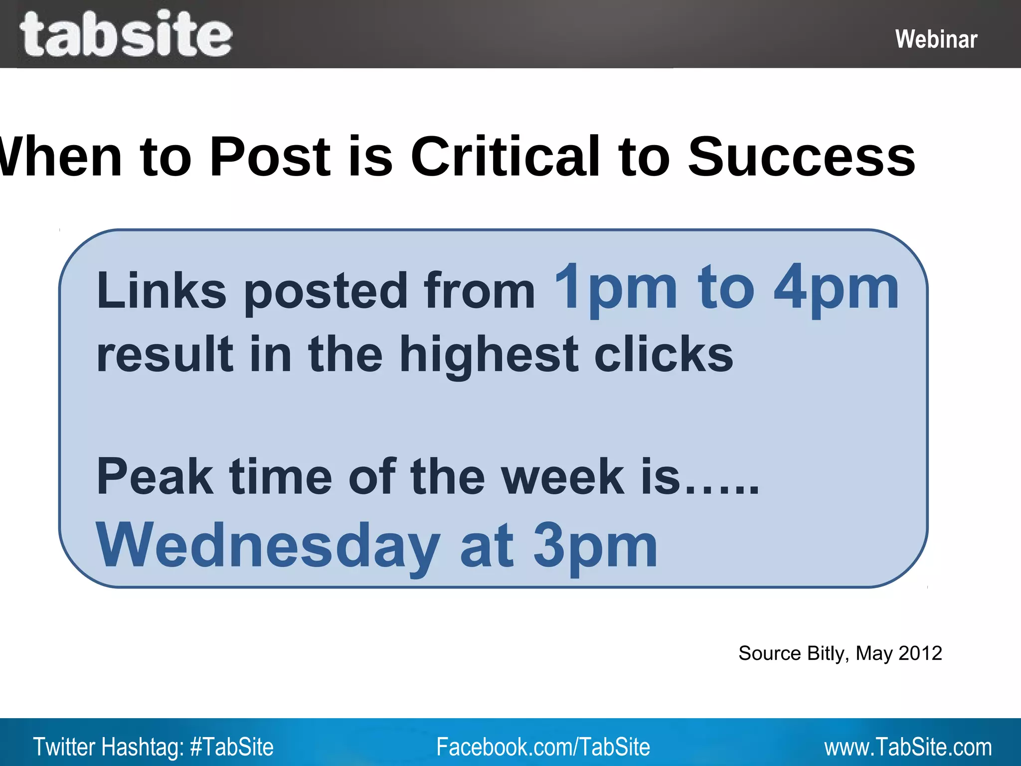 Webinar: July 27, 2011
                                                                    Webinar
                                                                      Webinar



When to Post is Critical to Success

        Links posted from 1pm to                        4pm
        result in the highest clicks

        Peak time of the week is…..
        Wednesday at 3pm
                                                     Source Bitly, May 2012



  Twitter Hashtag: #TabSite   Facebook.com/TabSite            www.TabSite.com
 