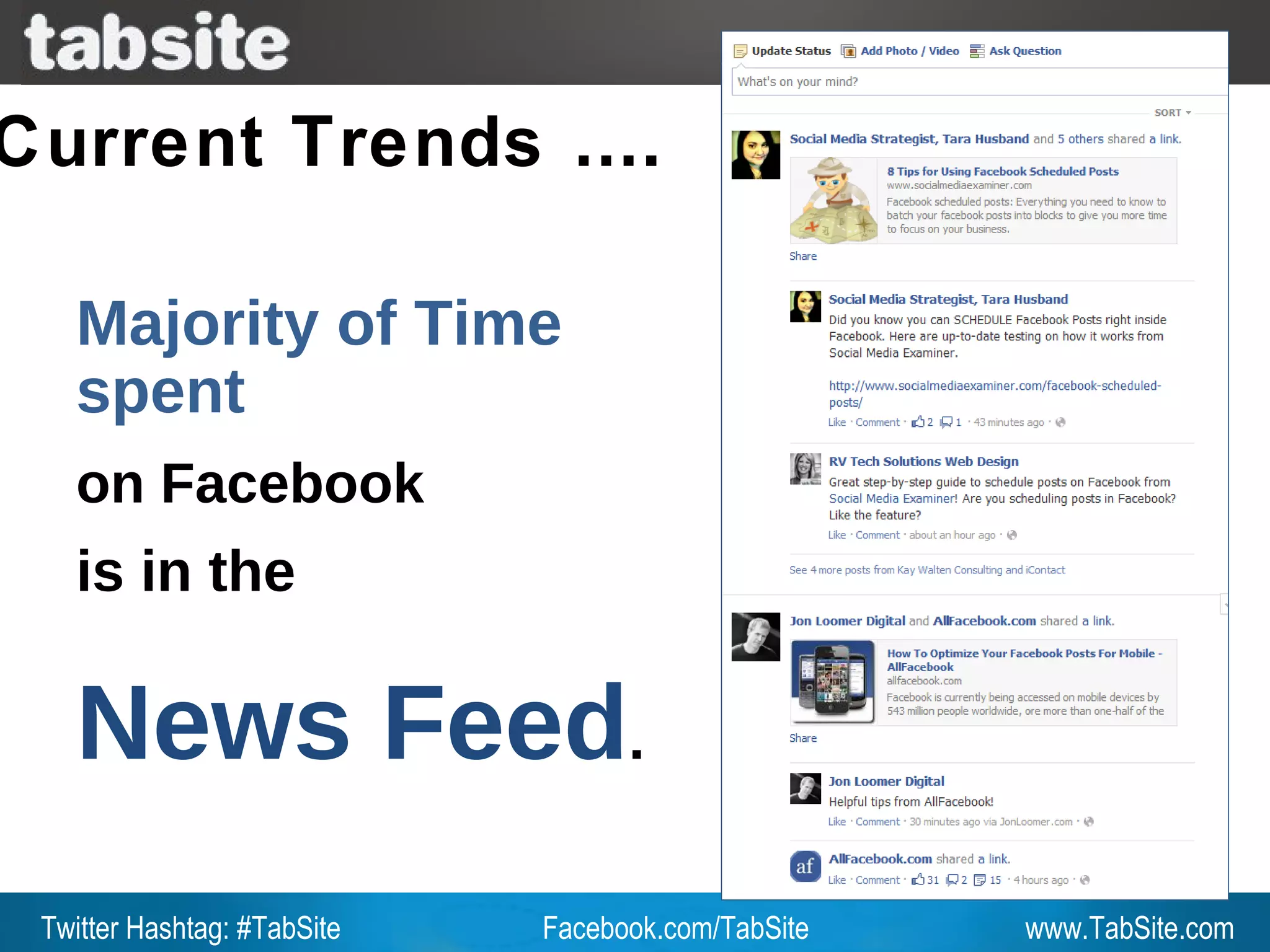 Webinar: July 27, 2011
                                                               Webinar
                                                                 Webinar

Current Trends ….

   Majority of Time
   spent
   on Facebook
   is in the

   News Feed.
 Twitter Hashtag: #TabSite   Facebook.com/TabSite       www.TabSite.com
 