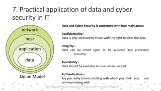 7. Practical application of data and cyber
security in IT
21PST 32220 - Current Topics In Computer Technology (Lecturer : Mr. Rohana K Amarakoon)
Onion Model
Data and Cyber Security is concerned with four main areas:
Confidentiality:-
Data is only accessed by those with the right to view the data.
Integrity:-
Data can be relied upon to be accurate and processed
correctly.
Availability:-
Data should be available to users when needed.
Authentication:-
are you really communicating with whom you think you are
communicating with
 