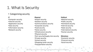 1. What Is Security
• Categorizing security
7PST 32220 - Current Topics In Computer Technology (Lecturer : Mr. Rohana K Amarakoon)
IT
•Computer security
•Internet security
•Application security
•Data security
•Information security
•Network security
Physical
•Airport security
•Aviation security
•Communications security
•Corporate security
•Food security
•Home security
•Infrastructure security
•Physical security
•Port security/Supply chai security
•Private security
•School security
•Shopping center security
•Transportation security
Political
•National security
•Public security
•Homeland security
•Internal security
•State security
•International security
•Human security
Monetary
•Economic security
•Financial security
•Social security
 