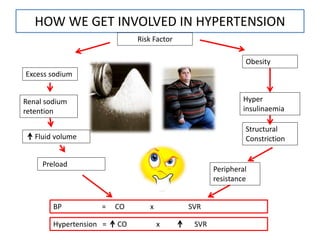 HOW WE GET INVOLVED IN HYPERTENSION
Risk Factor
Excess sodium
Obesity
Renal sodium
retention
Fluid volume
Preload
Hyper
insulinaemia
Structural
Constriction
Peripheral
resistance
BP = CO x SVR
Hypertension = CO x SVR
 