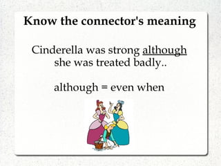 Know the connector's meaning
Cinderella was strong although
she was treated badly..
although = even when
 