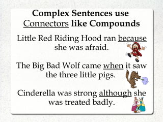 Complex Sentences use
Connectors like Compounds
Little Red Riding Hood ran because
she was afraid.
The Big Bad Wolf came when it saw
the three little pigs.
Cinderella was strong although she
was treated badly.
 