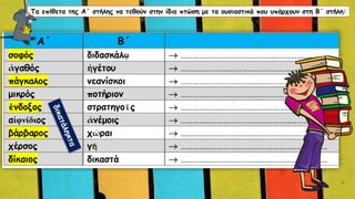 Τα επίθετα της Α΄ στήλης να τεθούν στην ίδια πτώση με τα ουσιαστικά που υπάρχουν στη Β΄ στήλη:
 