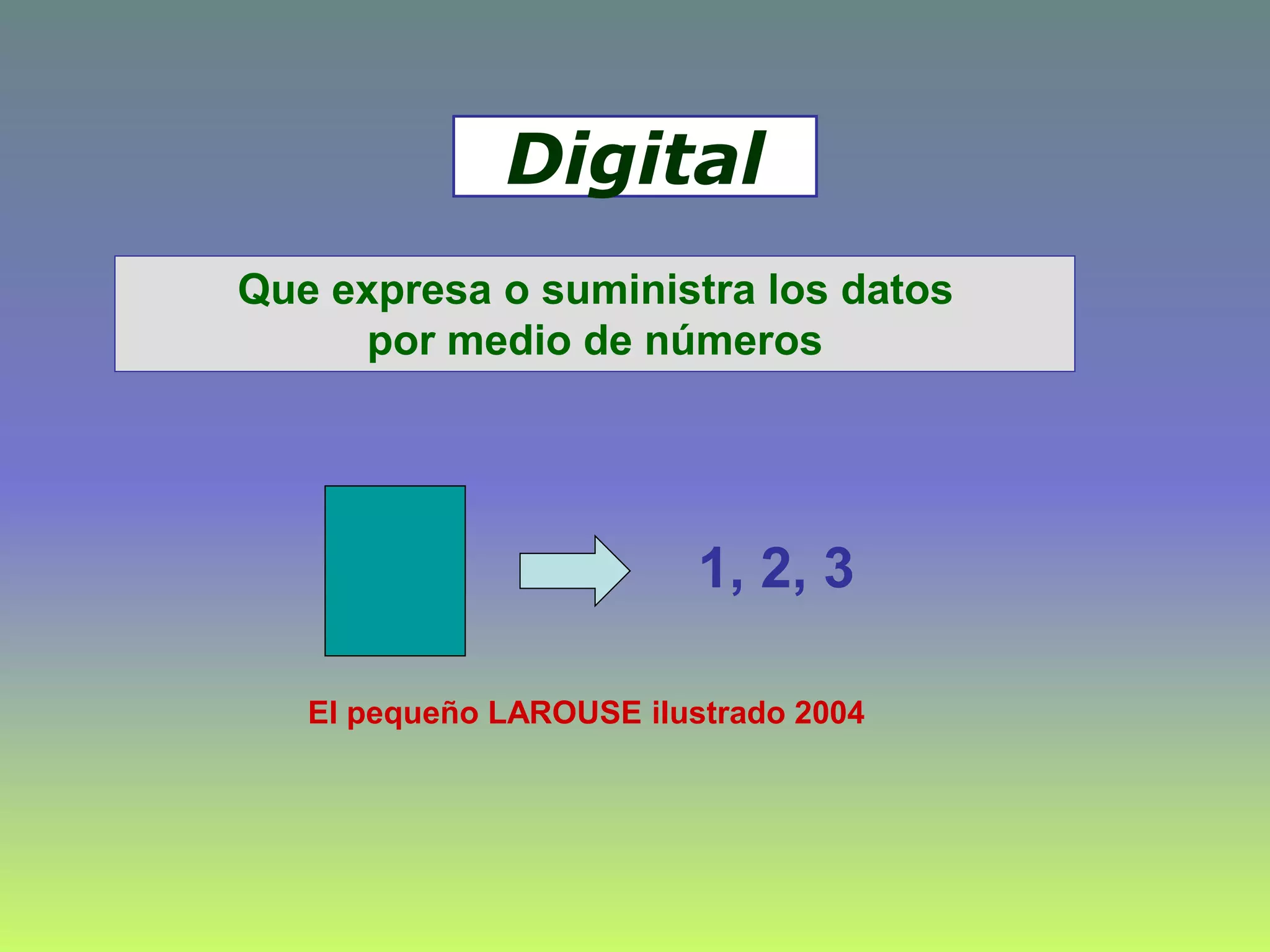 Que expresa o suministra los datos
por medio de números
El pequeño LAROUSE ilustrado 2004
1, 2, 3
Digital
 