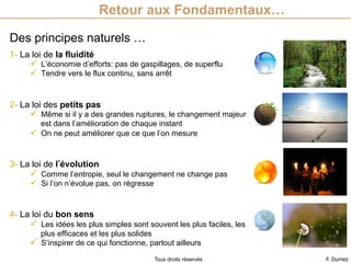 Des principes naturels …
1- La loi de la fluidité
ü  L’économie d’efforts: pas de gaspillages, de superflu
ü  Tendre vers le flux continu, sans arrêt
2- La loi des petits pas
ü  Même si il y a des grandes ruptures, le changement majeur
est dans l’amélioration de chaque instant
ü  On ne peut améliorer que ce que l’on mesure
3- La loi de l évolution
ü  Comme l’entropie, seul le changement ne change pas
ü  Si l’on n’évolue pas, on régresse
4- La loi du bon sens
ü  Les idées les plus simples sont souvent les plus faciles, les
plus efficaces et les plus solides
ü  S’inspirer de ce qui fonctionne, partout ailleurs
Retour aux Fondamentaux…
F. DurnezTous droits réservés
 