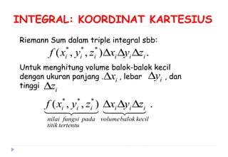 INTEGRAL: KOORDINAT KARTESIUS
Riemann Sum dalam triple integral sbb:
Untuk menghitung volume balok-balok kecil
dengan ukuran panjang . , lebar , dan
tinggi
* * *
( , , ) .i i i i i if x y z x y z∆ ∆ ∆
* * *
( , , ) .i i i i i i
nilai fungsi pada volumebalok kecil
titik tertentu
f x y z x y z∆ ∆ ∆
14243 14243
ix∆ iy∆
iz∆
 