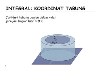 INTEGRAL: KOORDINAT TABUNG
r+Dr
r
Jari-jari tabung bagian dalam r dan
jari-jari bagian luar r+D r.
r
r+Dr
 