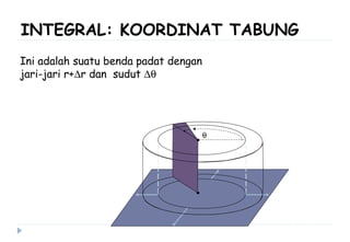 INTEGRAL: KOORDINAT TABUNG
θ
Ini adalah suatu benda padat dengan
jari-jari r+∆r dan sudut ∆θ
 