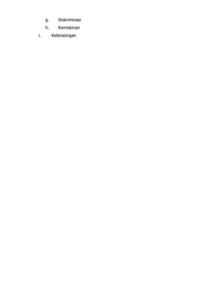 g. Diskriminasi
h. Kemiskinan
i. Keterasingan
 