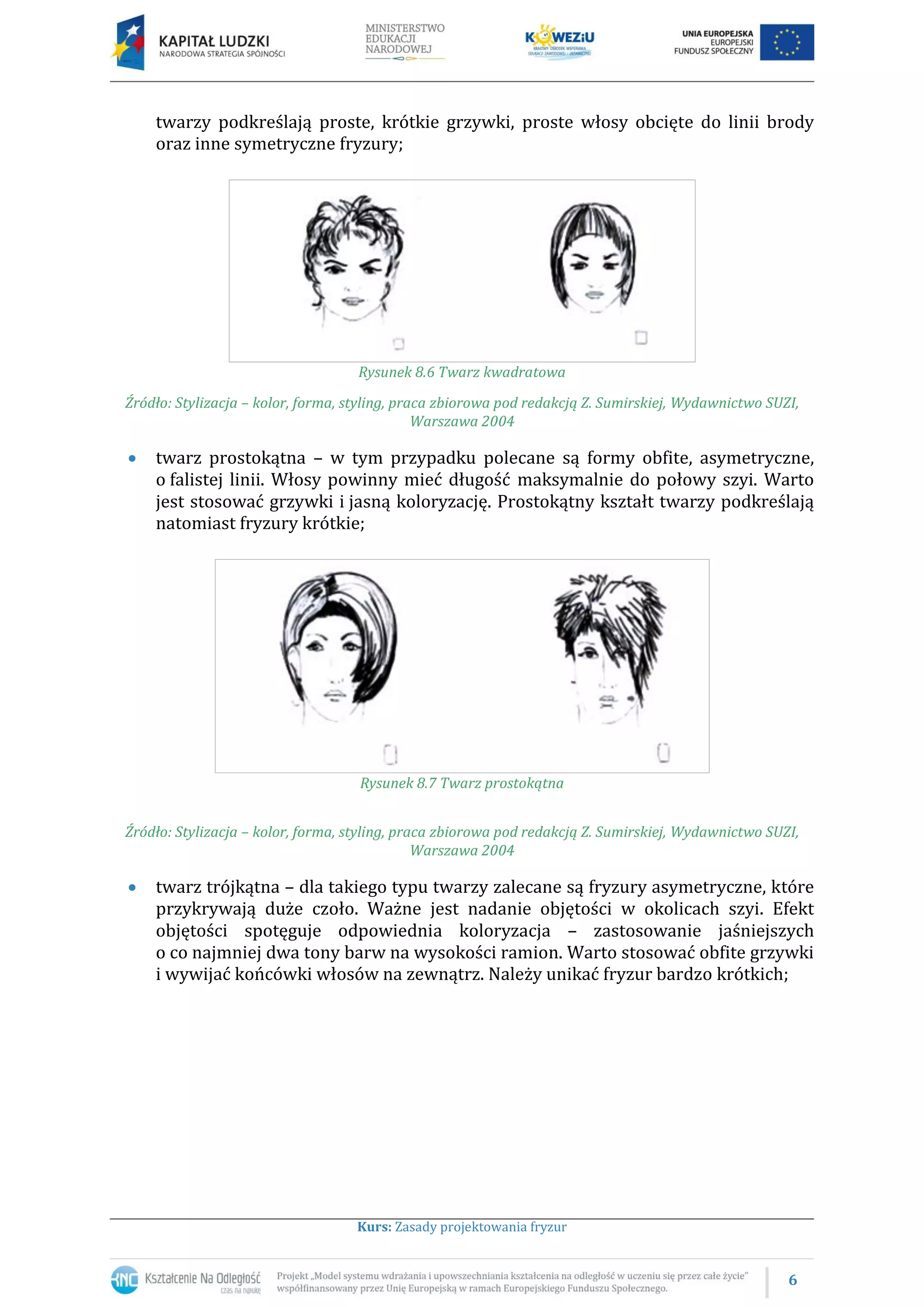 6
Kurs: Zasady projektowania fryzur
twarzy podkreślają proste, krótkie grzywki, proste włosy obcięte do linii brody
oraz inne symetryczne fryzury;
Rysunek 8.6 Twarz kwadratowa
Źródło: Stylizacja – kolor, forma, styling, praca zbiorowa pod redakcją Z. Sumirskiej, Wydawnictwo SUZI,
Warszawa 2004
 twarz prostokątna – w tym przypadku polecane są formy obfite, asymetryczne,
o falistej linii. Włosy powinny mieć długość maksymalnie do połowy szyi. Warto
jest stosować grzywki i jasną koloryzację. Prostokątny kształt twarzy podkreślają
natomiast fryzury krótkie;
Rysunek 8.7 Twarz prostokątna
Źródło: Stylizacja – kolor, forma, styling, praca zbiorowa pod redakcją Z. Sumirskiej, Wydawnictwo SUZI,
Warszawa 2004
 twarz trójkątna – dla takiego typu twarzy zalecane są fryzury asymetryczne, które
przykrywają duże czoło. Ważne jest nadanie objętości w okolicach szyi. Efekt
objętości spotęguje odpowiednia koloryzacja – zastosowanie jaśniejszych
o co najmniej dwa tony barw na wysokości ramion. Warto stosować obfite grzywki
i wywijać końcówki włosów na zewnątrz. Należy unikać fryzur bardzo krótkich;
 