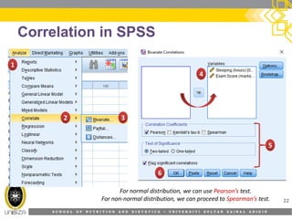 S C H O O L O F N U T R I T I O N A N D D I E T E T I C S • U N I V E R S I T I S U L T A N Z A I N A L A B I D I N
Correlation in SPSS
22
11
22 33
44
66
55
For normal distribution, we can use Pearson’s test.
For non-normal distribution, we can proceed to Spearman’s test.
 