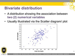 S C H O O L O F N U T R I T I O N A N D D I E T E T I C S • U N I V E R S I T I S U L T A N Z A I N A L A B I D I N
Bivariate distribution
• A distribution showing the association between
two (2) numerical variables
• Usually illustrated via the Scatter diagram/ plot
6
 
