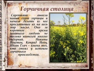 Горчичная столица
Сарептяни вывели
новый сорт горчицы и
начали делать из нее
прославившее их на весь
мир масло. Оно за
короткое время
завоевало любовь не
только жителей многих
губерний. Никита
Бекетов, Конрад Нейц,
Иоган Глич - имена тех,
кто стоял у истоков
горчичного
производства.
 