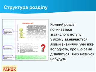 Кожний розділ
починається
зі стислого вступу,
у якому зазначається,
якими знаннями учні вже
володіють, про що саме
дізнаються, яких навичок
набудуть.
Структура розділу
 