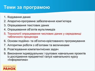 Теми за програмою
1. Кодування даних
2. Апаратно-програмне забезпечення комп’ютера
3. Опрацювання текстових даних
4. Опрацювання об’єктів мультимедіа
5. Технології опрацювання числових даних у середовищі
табличного процесора
6. Основи подійно- та об’єктно-орієтованого програмування
7. Алгоритми роботи з об’єктами та величинами
8. Розв’язування компетентнісних задач
9. Виконання індивідуальних і групових навчальних проектів
із дослідження предметної галузі навчального курсу
«Інформатика»
 