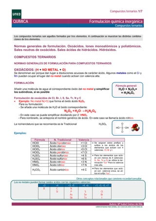Compuestos ternarios 1/7
QUÍMICA Formulación química inorgánica
Compuestos ternarios
Los compuestos ternarios son aquellos formados por tres elementos. A continuación se muestran las distintas combina-
ciones de tres elementos.
Normas generales de formulación. Oxoácidos. Iones monoatómicos y poliatómicos.
Sales neutras de oxoácidos. Sales ácidas de hidrácidos. Hidróxidos.
COMPUESTOS TERNARIOS
NORMAS GENERALES DE FORMULACIÓN PARA COMPUESTOS TERNARIOS
OXOÁCIDOS: (H + NO METAL + O)
Se denominan así porque dan lugar a disoluciones acuosas de carácter ácido, Algunos metales como el Cr y
Mn pueden ocupar el lugar del no metal cuando actúan con valencia alta.
FORMULACIÓN
Añadir una molécula de agua al correspondiente óxido del no metal y simplificar
los subíndices, si es posible
Formulación de oxoácidos de Cl, Br, I, S, Se, Tr, N y C
• Ejemplo: No metal N(+5) que forma el óxido ácido N2O5.
Para su formulación:
- Se añade una molécula de H2O al óxido correspondiente:
Fórmula general:
H2O + N2Ox=
= H2NbOc
→2 5 2 2 2 6N O +H O H N O
- En este caso se puede simplificar dividiendo por 2: HNO3
- Para nombrarlo, se antepone el nombre genérico de ácido. En este caso se llamaría ácido nítrico.
La nomenclatura que se recomienda es la Tradicional H2SO4
Ejemplos:
Fórmula N. Tradicional Valencia
HClO Ácido hipocloroso +1 Cl
HClO2 Ácido cloroso +3 Cl
HClO3 Ácido clórico +5 Cl
HClO4 Ácido perclórico +7 Cl
• Se asignan estos prefijos y
sufijos a los ácidos de los
elementos que actúan con 4
valencias: Cl, Br y I.
H2SO3 Ácido sulfuroso +4 S
H2SO4 Ácido sulfúrico +6 S
HNO2 Ácido nitroso +3 N
HNO3 Ácido nítrico +7 N
• Para los elementos que actú-
an con menos de 4 valencias:
S, Se, Te y N se utiliza la ter-
minación “ico” Para la valencia
más alta.
H2CO3 Ácido carbónico +4 C
• Para los elementos que actú-
an con valencia única, se uti-
liza el sufijo “ico”.
Otros conceptos relacionados que conviene recordar/consultar
Los no metales pueden formar óxidos ácidos con las siguientes valencias:
Autora: Mª Isabel Gómez del Río
+3 +4 +3. +5 +4, +6 +1, +3, +5, +7
B C
Si
N
P
As
Sb
S
Se
Te
Cl
Br
I
UNIVERSIDAD NACIONAL DE EDUCACIÓN A DISTANCIA
 
