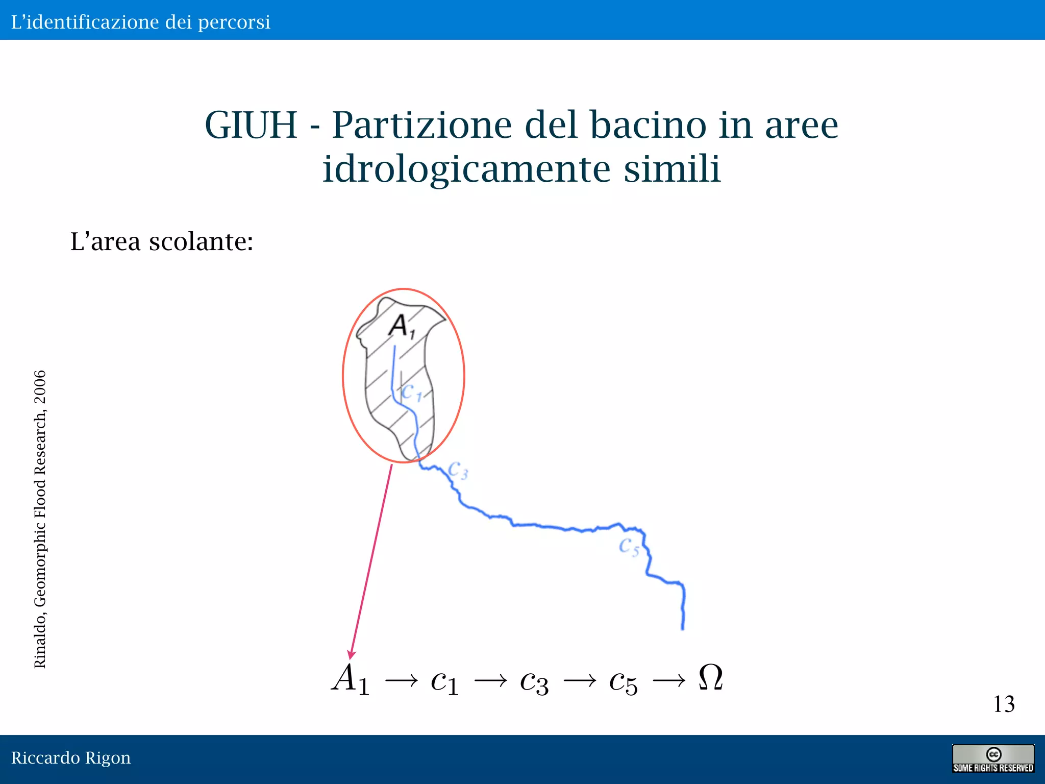 Riccardo Rigon
13
GIUH - Partizione del bacino in aree
idrologicamente simili
A1 c1 c3 c5
L’area scolante:
Rinaldo,GeomorphicFloodResearch,2006
L’identificazione dei percorsi
 