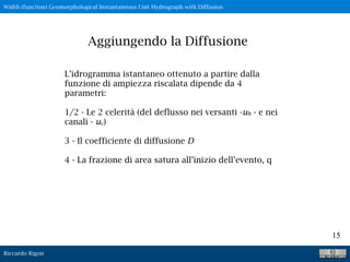 Riccardo Rigon
15
L’idrogramma istantaneo ottenuto a partire dalla
funzione di ampiezza riscalata dipende da 4
parametri:
1/2 - Le 2 celerità (del deflusso nei versanti -uh - e nei
canali - uc)
3 - Il coefficiente di diffusione D
4 - La frazione di area satura all’inizio dell’evento, q
Aggiungendo la Diffusione
Width (function) Geomorphological Instantaneous Unit Hydrograph with Diffusion
 
