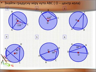 • Знайти градусну міру кута АВС ( О – центр кола)
1
А
В
С
О
110
0
3
О
А В
С
4
О
А
В
D
C
40
0
2
А
В
С
О
120
0
5
D
А
В
С
О
50
0
6
D
А В
С
О
300
 