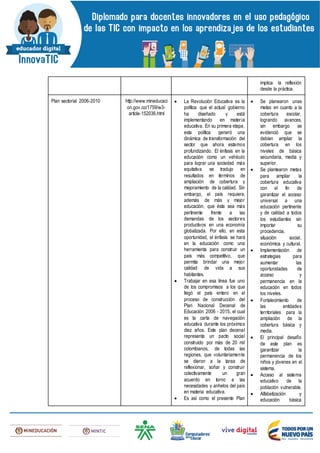 implica la reflexión
desde la práctica.
Plan sectorial 2006-2010 http://www.mineducaci
on.gov.co/1759/w3-
article-152036.html
 La Revolución Educativa es la
política que el actual gobierno
ha diseñado y está
implementando en materia
educativa. En su primera etapa,
esta política generó una
dinámica de transformación del
sector que ahora estamos
profundizando. El énfasis en la
educación como un vehículo
para lograr una sociedad más
equitativa se tradujo en
resultados en términos de
ampliación de cobertura y
mejoramiento de la calidad. Sin
embargo, el país requiere,
además de más y mejor
educación, que ésta sea más
pertinente frente a las
demandas de los sectores
productivos en una economía
globalizada. Por ello, en esta
oportunidad, el énfasis se hará
en la educación como una
herramienta para construir un
país más competitivo, que
permita brindar una mejor
calidad de vida a sus
habitantes.
 Trabajar en esa línea fue uno
de los compromisos a los que
llegó el país entero en el
proceso de construcción del
Plan Nacional Decenal de
Educación 2006 - 2015, el cual
es la carta de navegación
educativa durante los próximos
diez años. Este plan decenal
representa un pacto social
construido por más de 20 mil
colombianos, de todas las
regiones, que voluntariamente
se dieron a la tarea de
reflexionar, soñar y construir
colectivamente un gran
acuerdo en torno a las
necesidades y anhelos del país
en materia educativa.
 Es así como el presente Plan
 Se planearon unas
metas en cuanto a la
cobertura escolar,
logrando avances,
sin embargo se
evidenció que se
debían ampliar la
cobertura en los
niveles de básica
secundaria, media y
superior.
 Se plantearon metas
para ampliar la
cobertura educativa
con el fin de
garantizar el acceso
universal a una
educación pertinente
y de calidad a todos
los estudiantes sin
importar su
procedencia,
situación social,
económica y cultural.
 Implementación de
estrategias para
aumentar las
oportunidades de
acceso y
permanencia en la
educación en todos
los niveles.
 Fortalecimiento de
las entidades
territoriales para la
ampliación de la
cobertura básica y
media.
 El principal desafío
de este plan es
garantizar la
permanencia de los
niños y jóvenes en el
sistema.
 Acceso al sistema
educativo de la
población vulnerable.
 Alfabetización y
educación básica
 