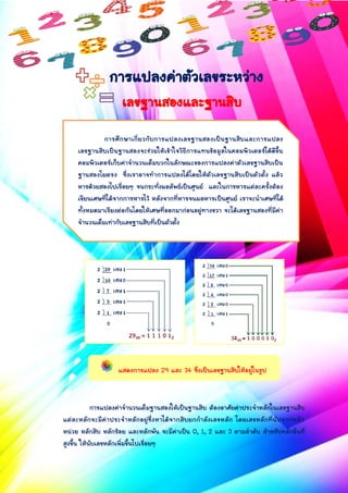 กำรแปลงค่ำตัวเลขระหว่ำง
เลขฐำนสองและฐำนสิบ
กำรแปลงค่ำจำนวนเต็มฐำนสองให้เป็นฐำนสิบ ต้องอำศัยค่ำประจำหลักในเลขฐำนสิบ
แต่ละหลักจะมีค่ำประจำหลักอยู่ซึ่งหำได้จำกสิบยกกำลังเลขหลัก โดยเลขหลักที่นับจำกหลัก
หน่วย หลักสิบ หลักร้อย และหลักพัน จะมีค่ำเป็น 0, 1, 2 และ 3 ตำมลำดับ สำหรับหลักอื่นที่
สูงขึ้น ให้นับเลขหลักเพิ่มขึ้นไปเรื่อยๆ
กำรศึกษำเกี่ยวกับกำรแปลงเลขฐำนสองเป็นฐำนสิบและกำรแปลง
เลขฐำนสิบเป็นฐำนสองจะช่วยให้เข้ำใจวิธีกำรแทนข้อมูลในคอมพิวเตอร์ได้ดีขึ้น
คอมพิวเตอร์เก็บค่ำจำนวนเต็มบวกในลักษณะของกำรแปลงค่ำตัวเลขฐำนสิบเป็น
ฐำนสองโยตรง ซึ่งเรำอำจทำกำรแปลงได้โดยให้ตัวเลขฐำนสิบเป็นตัวตั้ง แล้ว
หำรด้วยสองไปเรื่อยๆ จนกระทั่งผลลัพธ์เป็นศูนย์ และในกำรหำรแต่ละครั้งต้อง
เขียนเศษที่ได้จำกกำรหำรไว้ หลังจำกที่หำรจนผลหำรเป็นศูนย์ เรำจะนำเศษที่ได้
ทั้งหมดมำเรียงต่อกันโดยให้เศษที่ออกมำก่อนอยู่ทำงขวำ จะได้เลขฐำนสองที่มีค่ำ
จำนวนเต็มเท่ำกับเลขฐำนสิบที่เป็นตัวตั้ง
แสดงกำรแปลง 29 และ 34 ซึ่งเป็นเลขฐำนสิบให้อยู่ในรูป
เลขฐำนสอง
 