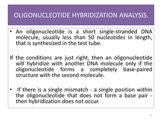 • An oligonucleotide is a short single-stranded DNA
molecule, usually less than 50 nucleotides in length,
that is synthesized in the test tube.
If the conditions are just right, then an oligonucleotide
will hybridize with another DNA molecule only if the
oligonucleotide forms a completely base-paired
structure with the second molecule.
• If there is a single mismatch - a single position within
the oligonucleotide that does not form a base pair -
then hybridization does not occur.
12
OLIGONUCLEOTIDE HYBRIDIZATION ANALYSIS.
 