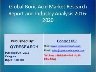 Global Boric Acid Market Research
Report and Industry Analysis 2016-
2020
Published By:
QYRESEARCH
Published On : 2016
Category:
Pages : 130-180
Contact US:
Web: www.qyresearchreports.com
Email: sales@qyresearchreports.com
Toll Free : 866-997-4948 (USA-
CANADA)
 
