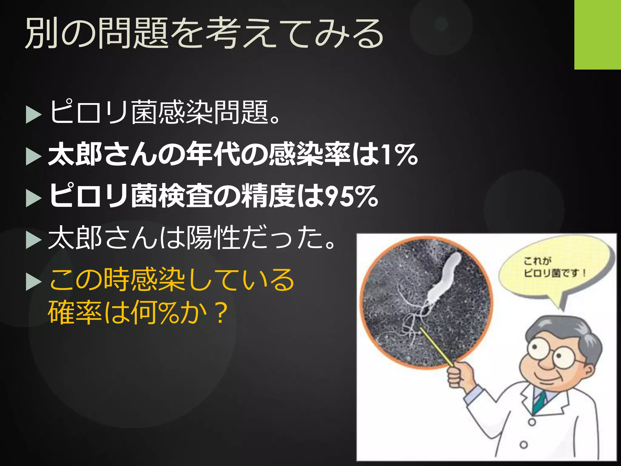 別の問題を考えてみる
 ピロリ菌感染問題。
 太郎さんの年代の感染率は1%
 ピロリ菌検査の精度は95%
 太郎さんは陽性だった。
 この時感染している
確率は何%か？
 