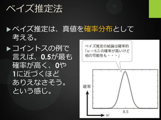 ベイズ推定法
 ベイズ推定は、真値を確率分布として
考える。
 コイントスの例で
言えば、0.5が最も
確率が高く、0や
1に近づくほど
ありえなさそう。
という感じ。
 