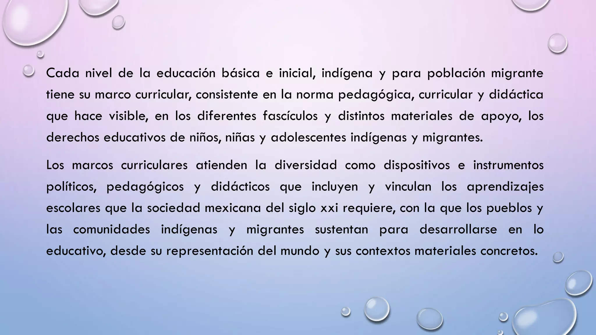 Cada nivel de la educación básica e inicial, indígena y para población migrante
tiene su marco curricular, consistente en la norma pedagógica, curricular y didáctica
que hace visible, en los diferentes fascículos y distintos materiales de apoyo, los
derechos educativos de niños, niñas y adolescentes indígenas y migrantes.
Los marcos curriculares atienden la diversidad como dispositivos e instrumentos
políticos, pedagógicos y didácticos que incluyen y vinculan los aprendizajes
escolares que la sociedad mexicana del siglo xxi requiere, con la que los pueblos y
las comunidades indígenas y migrantes sustentan para desarrollarse en lo
educativo, desde su representación del mundo y sus contextos materiales concretos.
 