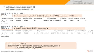 © Copyrights 2001~2016, EXEM CO.,LTD. All Rights Reserved.
[PostgreSQL]
Vacuum의 거의 모든 것(4차)
autovacuum_vacuum_scale_factor = 0.2
autovacuum_vacuum_threshold = 50
7.
3. autovacuum_vacuum_threshold=50 인 50건 update  wait 후 확인 : autovacuum NOT OK.
4. Only 1건 update  wait 후 확인 : autovacuum OK.
autovacuum vacuum 대상 조건
변경건수(insert제외) > ( reltuples * 0.2(autovacuum_vacuum_scale_factor) )
+ 50(autovacuum_vacuum_threshold)
 