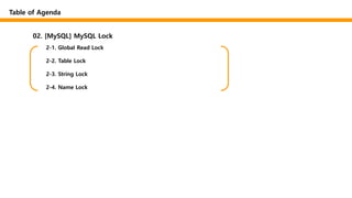 02. [MySQL] MySQL Lock
2-1. Global Read Lock
2-2. Table Lock
2-3. String Lock
2-4. Name Lock
Table of Agenda
 
