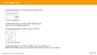 © Copyrights 2001~2016, EXEM CO.,LTD. All Rights Reserved.
(root@localhost)[exem_i] 15:20:06>select connection_id();
+-----------------+
| connection_id() |
+-----------------+
| 14286|
+-----------------+
1 row in set (0.00 sec)
(root@localhost)[exem_i] 14:36:22>lock table foo read;
Query OK, 0 rows affected (0.00 sec)
(root@localhost)[exem_i] 14:36:51>select * from foo;
+------+------+
| c1 | c2 |
+------+------+
| 31 | a |
| 2 | b |
| 123 | a |
+------+------+
3 rows in set (0.00 sec)
(root@localhost)[exem_i] 14:36:57>update foo set c1=1 where c2='a';
ERROR 1099 (HY000): Table 'foo' was locked with a READ lock and can't be updated
2-2. Table Lock
 