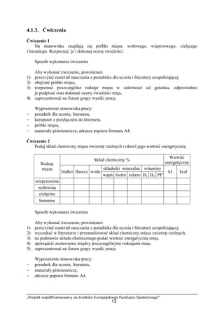 „Projekt współfinansowany ze środków Europejskiego Funduszu Społecznego”
13
4.1.3. Ćwiczenia
Ćwiczenie 1
Na stanowisku znajdują się próbki mięsa: wołowego, wieprzowego, cielęcego
i baraniego. Rozpoznaj je i dokonaj oceny świeżości.
Sposób wykonania ćwiczenia
Aby wykonać ćwiczenie, powinieneś:
1) przeczytać materiał nauczania z poradnika dla ucznia i literatury uzupełniającej,
2) obejrzeć próbki mięsa,
3) rozpoznać poszczególne rodzaje mięsa w zależności od gatunku, odpowiednio
je podpisać oraz dokonać oceny świeżości mięs,
4) zaprezentować na forum grupy wyniki pracy.
Wyposażenie stanowiska pracy:
− poradnik dla ucznia, literatura,
− komputer z przyłączem do Internetu,
− próbki mięsa,
− materiały piśmiennicze, arkusze papieru formatu A4.
Ćwiczenie 2
Podaj skład chemiczny mięsa zwierząt rzeźnych i określ jego wartość energetyczną.
Sposób wykonania ćwiczenia
Aby wykonać ćwiczenie, powinieneś:
1) przeczytać materiał nauczania z poradnika dla ucznia i literatury uzupełniającej,
2) wyszukać w literaturze i przeanalizować skład chemiczny mięsa zwierząt rzeźnych,
3) na podstawie składu chemicznego podać wartość energetyczną mięs,
4) sporządzić zestawienie między poszczególnymi rodzajami mięs,
5) zaprezentować na forum grupy wyniki pracy.
Wyposażenie stanowiska pracy:
− poradnik dla ucznia, literatura,
− materiały piśmiennicze,
− arkusze papieru formatu A4.
Skład chemiczny %
Wartość
energetyczna
składniki mineralne witaminy
Rodzaj
mięsa
białko tłuszcz woda
wapń fosfor żelazo B1 B2 PP
kJ kcal
wieprzowina
wołowina
cielęcina
baranina
 