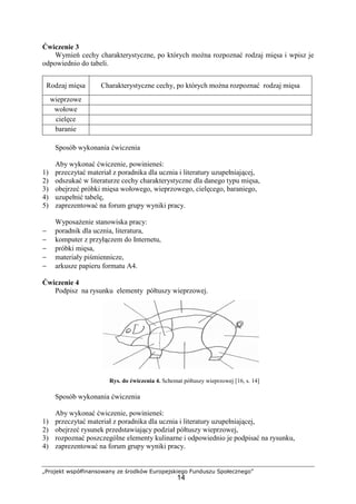 „Projekt współfinansowany ze środków Europejskiego Funduszu Społecznego”
14
Ćwiczenie 3
Wymień cechy charakterystyczne, po których można rozpoznać rodzaj mięsa i wpisz je
odpowiednio do tabeli.
Rodzaj mięsa Charakterystyczne cechy, po których można rozpoznać rodzaj mięsa
wieprzowe
wołowe
cielęce
baranie
Sposób wykonania ćwiczenia
Aby wykonać ćwiczenie, powinieneś:
1) przeczytać materiał z poradnika dla ucznia i literatury uzupełniającej,
2) odszukać w literaturze cechy charakterystyczne dla danego typu mięsa,
3) obejrzeć próbki mięsa wołowego, wieprzowego, cielęcego, baraniego,
4) uzupełnić tabelę,
5) zaprezentować na forum grupy wyniki pracy.
Wyposażenie stanowiska pracy:
− poradnik dla ucznia, literatura,
− komputer z przyłączem do Internetu,
− próbki mięsa,
− materiały piśmiennicze,
− arkusze papieru formatu A4.
Ćwiczenie 4
Podpisz na rysunku elementy półtuszy wieprzowej.
Rys. do ćwiczenia 4. Schemat półtuszy wieprzowej [16, s. 14]
Sposób wykonania ćwiczenia
Aby wykonać ćwiczenie, powinieneś:
1) przeczytać materiał z poradnika dla ucznia i literatury uzupełniającej,
2) obejrzeć rysunek przedstawiający podział półtuszy wieprzowej,
3) rozpoznać poszczególne elementy kulinarne i odpowiednio je podpisać na rysunku,
4) zaprezentować na forum grupy wyniki pracy.
 