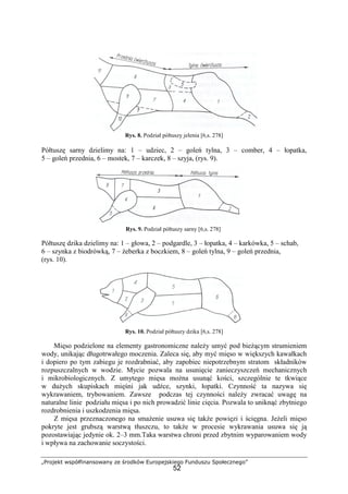 „Projekt współfinansowany ze środków Europejskiego Funduszu Społecznego”
52
Rys. 8. Podział półtuszy jelenia [6,s. 278]
Półtuszę sarny dzielimy na: 1 – udziec, 2 – goleń tylna, 3 – comber, 4 – łopatka,
5 – goleń przednia, 6 – mostek, 7 – karczek, 8 – szyja, (rys. 9).
Rys. 9. Podział półtuszy sarny [6,s. 278]
Półtuszę dzika dzielimy na: 1 – głowa, 2 – podgardle, 3 – łopatka, 4 – karkówka, 5 – schab,
6 – szynka z biodrówką, 7 – żeberka z boczkiem, 8 – goleń tylna, 9 – goleń przednia,
(rys. 10).
Rys. 10. Podział półtuszy dzika [6,s. 278]
Mięso podzielone na elementy gastronomiczne należy umyć pod bieżącym strumieniem
wody, unikając długotrwałego moczenia. Zaleca się, aby myć mięso w większych kawałkach
i dopiero po tym zabiegu je rozdrabniać, aby zapobiec niepotrzebnym stratom składników
rozpuszczalnych w wodzie. Mycie pozwala na usunięcie zanieczyszczeń mechanicznych
i mikrobiologicznych. Z umytego mięsa można usunąć kości, szczególnie te tkwiące
w dużych skupiskach mięśni jak udźce, szynki, łopatki. Czynność ta nazywa się
wykrawaniem, trybowaniem. Zawsze podczas tej czynności należy zwracać uwagę na
naturalne linie podziału mięsa i po nich prowadzić linie cięcia. Pozwala to uniknąć zbytniego
rozdrobnienia i uszkodzenia mięsa.
Z mięsa przeznaczonego na smażenie usuwa się także powięzi i ścięgna. Jeżeli mięso
pokryte jest grubszą warstwą tłuszczu, to także w procesie wykrawania usuwa się ją
pozostawiając jedynie ok. 2–3 mm.Taka warstwa chroni przed zbytnim wyparowaniem wody
i wpływa na zachowanie soczystości.
 