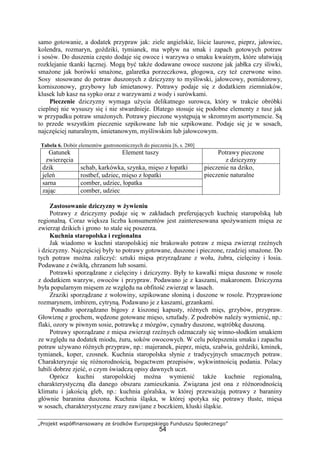 „Projekt współfinansowany ze środków Europejskiego Funduszu Społecznego”
54
samo gotowanie, a dodatek przypraw jak: ziele angielskie, liście laurowe, pieprz, jałowiec,
kolendra, rozmaryn, goździki, tymianek, ma wpływ na smak i zapach gotowych potraw
i sosów. Do duszenia często dodaje się owoce i warzywa o smaku kwaśnym, które ułatwiają
rozklejanie tkanki łącznej. Mogą być także dodawane owoce suszone jak jabłka czy śliwki,
smażone jak borówki smażone, galaretka porzeczkowa, głogowa, czy też czerwone wino.
Sosy stosowane do potraw duszonych z dziczyzny to myśliwski, jałowcowy, pomidorowy,
korniszonowy, grzybowy lub śmietanowy. Potrawy podaje się z dodatkiem ziemniaków,
klusek lub kasz na sypko oraz z warzywami z wody i surówkami.
Pieczenie dziczyzny wymaga użycia delikatnego surowca, który w trakcie obróbki
cieplnej nie wysuszy się i nie stwardnieje. Dlatego stosuje się podobne elementy z tusz jak
w przypadku potraw smażonych. Potrawy pieczone występują w skromnym asortymencie. Są
to przede wszystkim pieczenie szpikowane lub nie szpikowane. Podaje się je w sosach,
najczęściej naturalnym, śmietanowym, myśliwskim lub jałowcowym.
Tabela 6. Dobór elementów gastronomicznych do pieczenia [6, s. 280]
Gatunek
zwierzęcia
Element tuszy Potrawy pieczone
z dziczyzny
dzik schab, karkówka, szynka, mięso z łopatki
jeleń rostbef, udziec, mięso z łopatki
sarna comber, udziec, łopatka
zając comber, udziec
pieczenie na dziko,
pieczenie naturalne
Zastosowanie dziczyzny w żywieniu
Potrawy z dziczyzny podaje się w zakładach preferujących kuchnię staropolską lub
regionalną. Coraz większa liczba konsumentów jest zainteresowana spożywaniem mięsa ze
zwierząt dzikich i grono to stale się poszerza.
Kuchnia staropolska i regionalna
Jak wiadomo w kuchni staropolskiej nie brakowało potraw z mięsa zwierząt rzeźnych
i dziczyzny. Najczęściej były to potrawy gotowane, duszone i pieczone, rzadziej smażone. Do
tych potraw można zaliczyć: sztuki mięsa przyrządzane z wołu, żubra, cielęciny i łosia.
Podawane z ćwikłą, chrzanem lub sosami.
Potrawki sporządzane z cielęciny i dziczyzny. Były to kawałki mięsa duszone w rosole
z dodatkiem warzyw, owoców i przypraw. Podawano je z kaszami, makaronem. Dziczyzna
była popularnym mięsem ze względu na obfitość zwierząt w lasach.
Zraziki sporządzane z wołowiny, szpikowane słoniną i duszone w rosole. Przyprawione
rozmarynem, imbirem, cytryną. Podawano je z kaszami, grzankami.
Ponadto sporządzano bigosy z kiszonej kapusty, różnych mięs, grzybów, przypraw.
Głowiznę z grochem, wędzone gotowane mięso, sztufady. Z podrobów należy wymienić, np.:
flaki, ozory w piwnym sosie, potrawkę z mózgów, cynadry duszone, wątróbkę duszoną.
Potrawy sporządzane z mięsa zwierząt rzeźnych odznaczały się winno-słodkim smakiem
ze względu na dodatek miodu, żuru, soków owocowych. W celu polepszenia smaku i zapachu
potraw używano różnych przypraw, np.: majeranek, pieprz, mięta, szałwia, goździki, kminek,
tymianek, koper, czosnek. Kuchnia staropolska słynie z tradycyjnych smacznych potraw.
Charakteryzuje się różnorodnością, bogactwem przepisów, wykwintnością podania. Polacy
lubili dobrze zjeść, o czym świadczą opisy dawnych uczt.
Oprócz kuchni staropolskiej można wymienić także kuchnie regionalną,
charakterystyczną dla danego obszaru zamieszkania. Związana jest ona z różnorodnością
klimatu i jakością gleb, np.: kuchnia góralska, w której przeważają potrawy z baraniny
głównie baranina duszona. Kuchnia śląska, w której spotyka się potrawy tłuste, mięsa
w sosach, charakterystyczne zrazy zawijane z boczkiem, kluski śląskie.
 