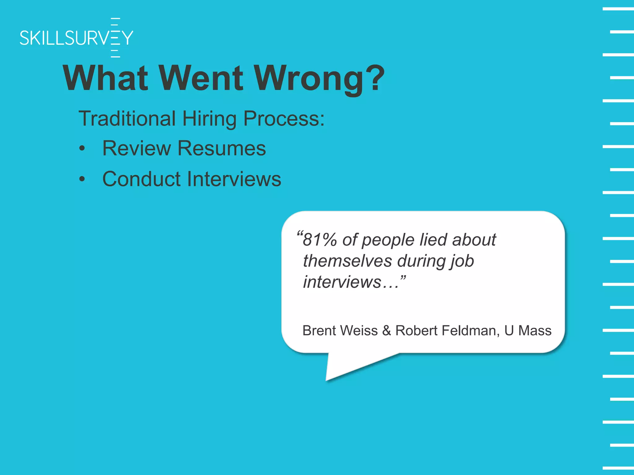 “81% of people lied about
themselves during job
interviews…”
Brent Weiss & Robert Feldman, U Mass
What Went Wrong?
Traditional Hiring Process:
•  Review Resumes
•  Conduct Interviews
 